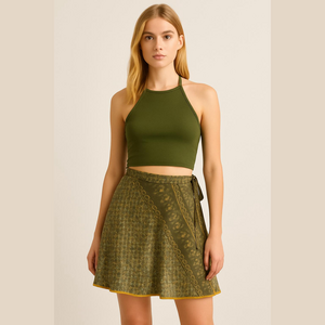 Vintage Cotton Geometric Print Short Wrap Skirt Olive Green ONE OF A KIND